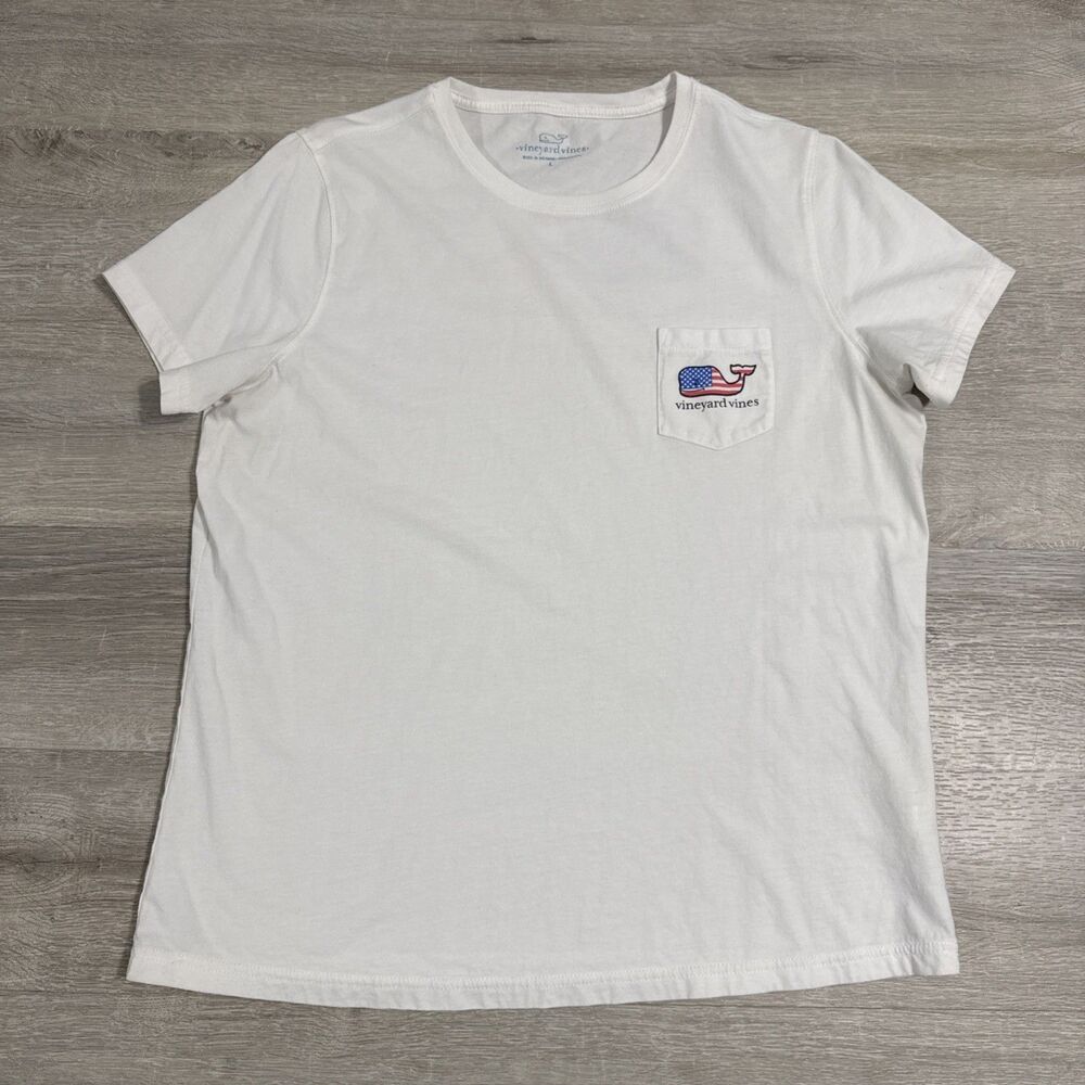 Vineyard Vines Shirt Women’s Large White American Flag Whale Pocket Cotton